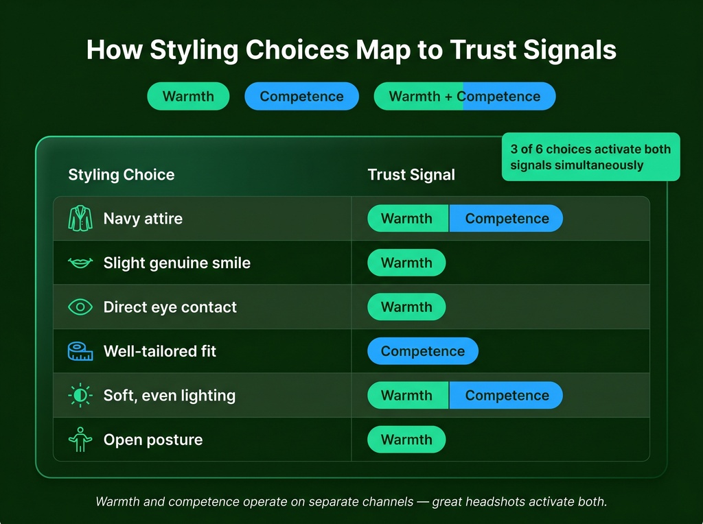 Two-column infographic mapping six styling choices to trust signal types. Navy attire and soft even lighting map to both Warmth and Competence. Slight genuine smile, direct eye contact, and open posture map to Warmth only. Well-tailored fit maps to Competence only.