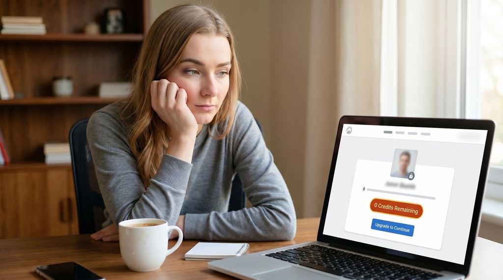 A young professional sitting at a home office desk looks at a laptop screen displaying an AI headshot tool interface with a '0 credits remaining' message and an upgrade prompt, expressing mild frustration.