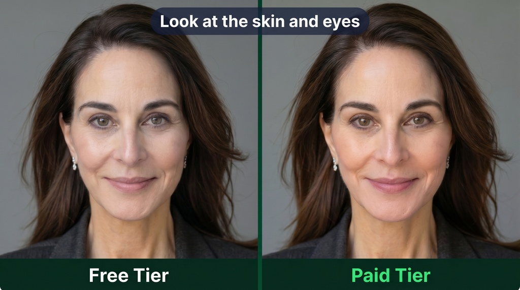 Side-by-side close-up comparison of two AI-generated headshots: the left (labeled 'Free Tier') shows washed-out skin, waxy texture, and slight eye asymmetry; the right (labeled 'Paid Tier') shows natural skin tone, sharp symmetric eyes, and realistic skin texture.