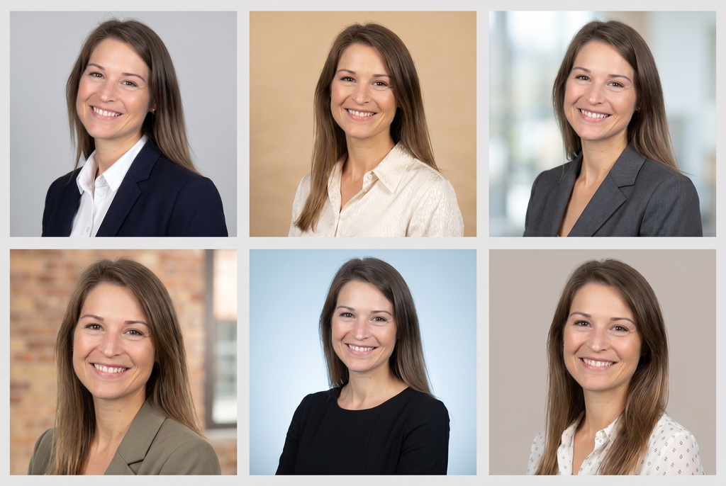 A 2x3 grid of six high-quality professional AI headshots of the same person shown in different styles — business formal, business casual, and creative — against varied clean studio and softly blurred office backgrounds