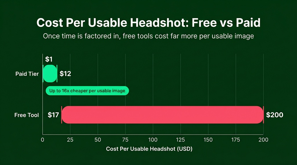 Horizontal bar chart comparing cost per usable headshot ranges. Free tools range from $17 to $200, shown as a wide bar. Paid tools range from $1 to $12, shown as a narrow bar, illustrating that paid AI headshot tools deliver far lower cost-per-usable-image when accounting for time.