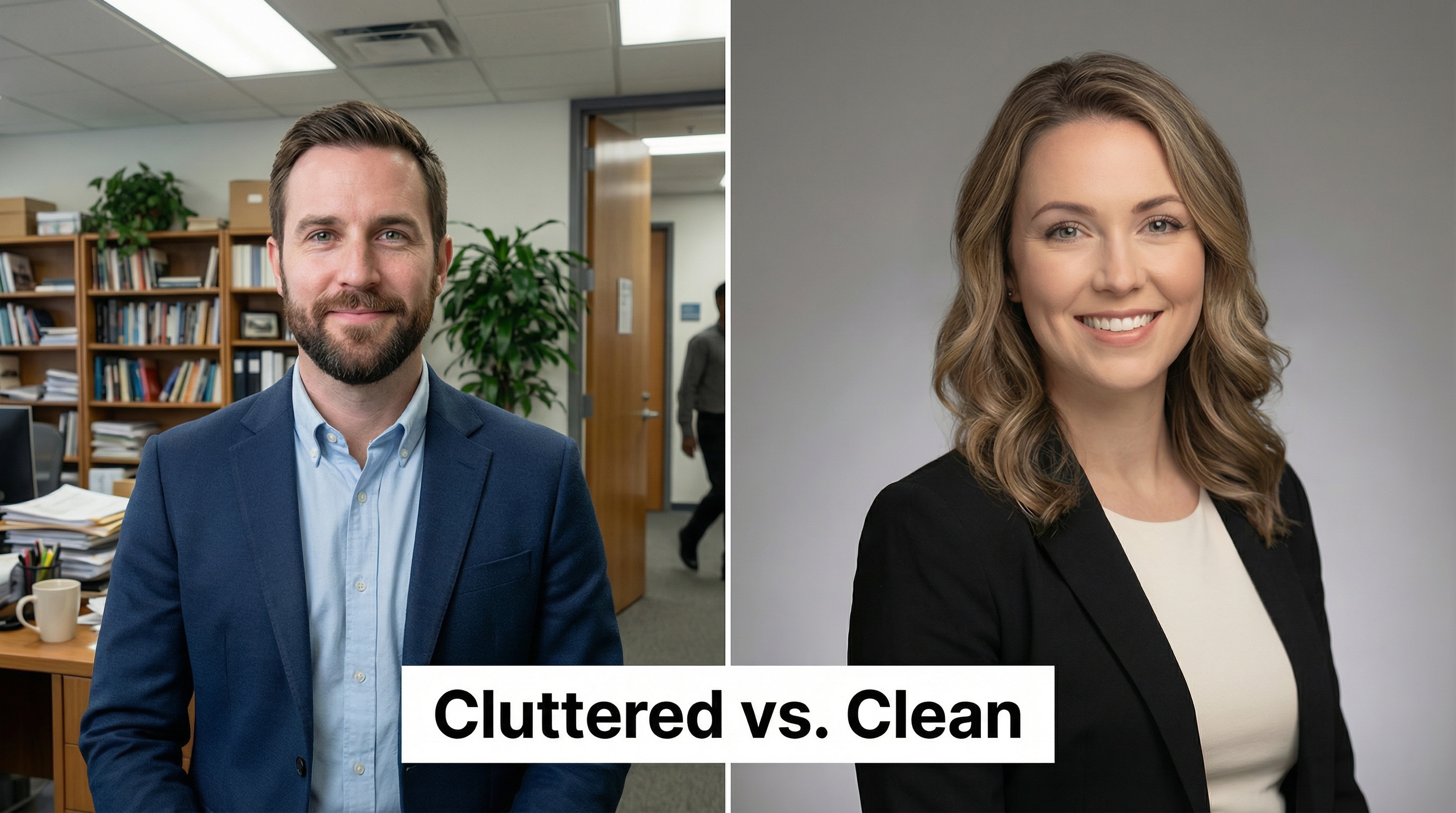 Side-by-side comparison showing two professional headshots - left image has distracting office background with visible bookshelves and people, right image has clean blurred backdrop