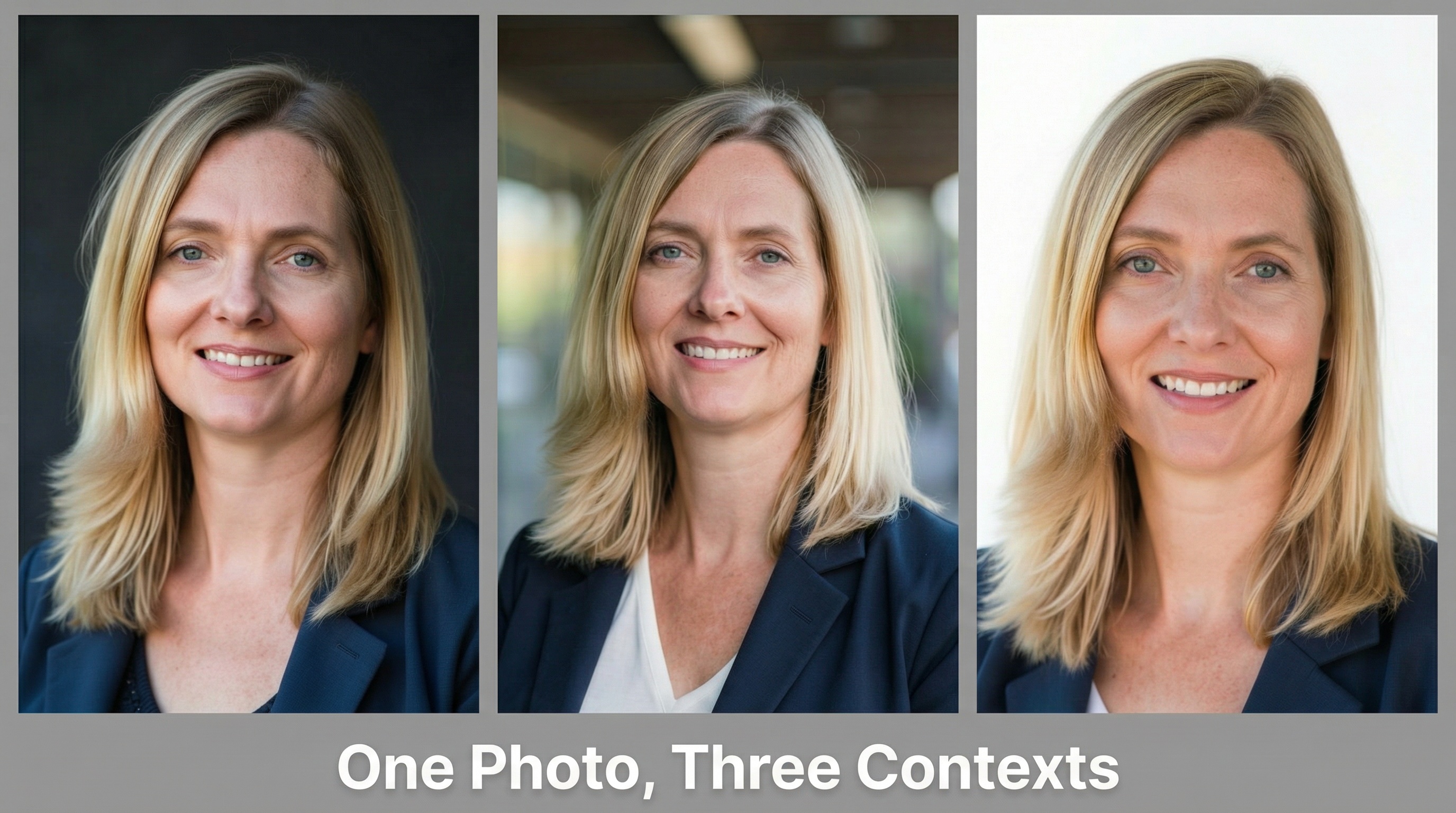 A horizontal strip showing the same professional headshot against three different backgrounds: dark charcoal for LinkedIn, branded office environment for company website, and clean white for press materials