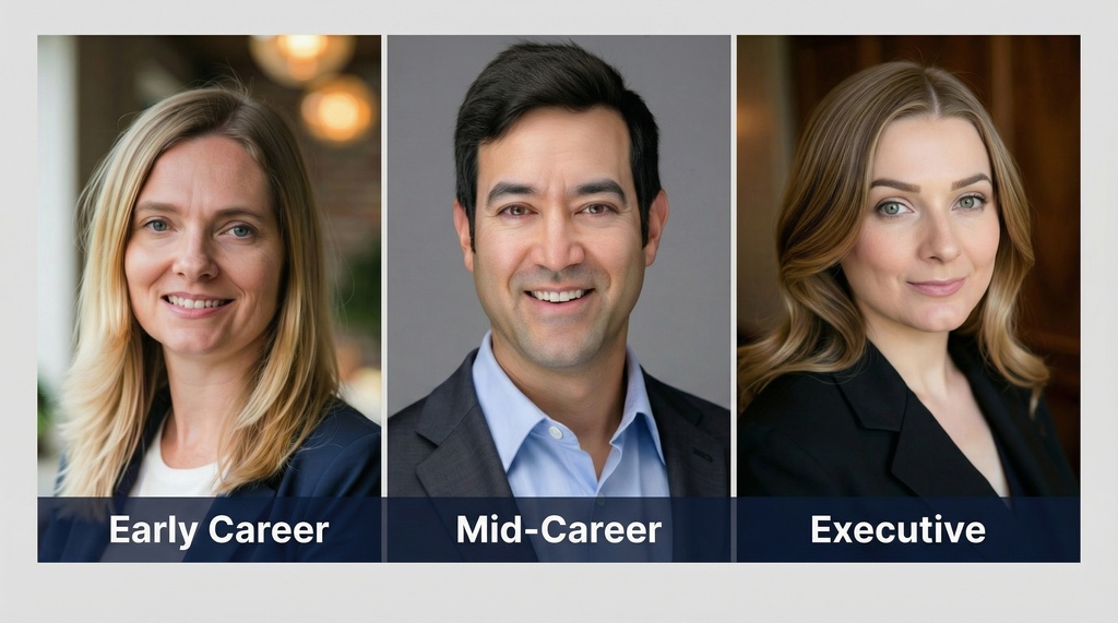 Three professional headshots showing progression from early career friendly three-quarter turn to executive squared stance