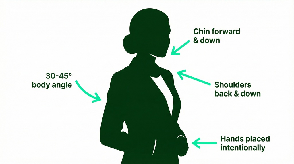 Infographic showing a professional silhouette with arrows pointing to key positioning elements: 30-45 degree body angle, chin forward and down, shoulders down and back, and intentional hand placement