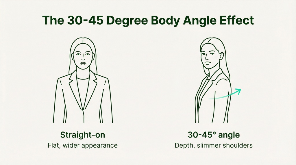 Side-by-side illustration showing two human figures from the waist up - one facing straight forward and another positioned at a 30-45 degree angle, demonstrating the visual slimming effect of body positioning in headshots