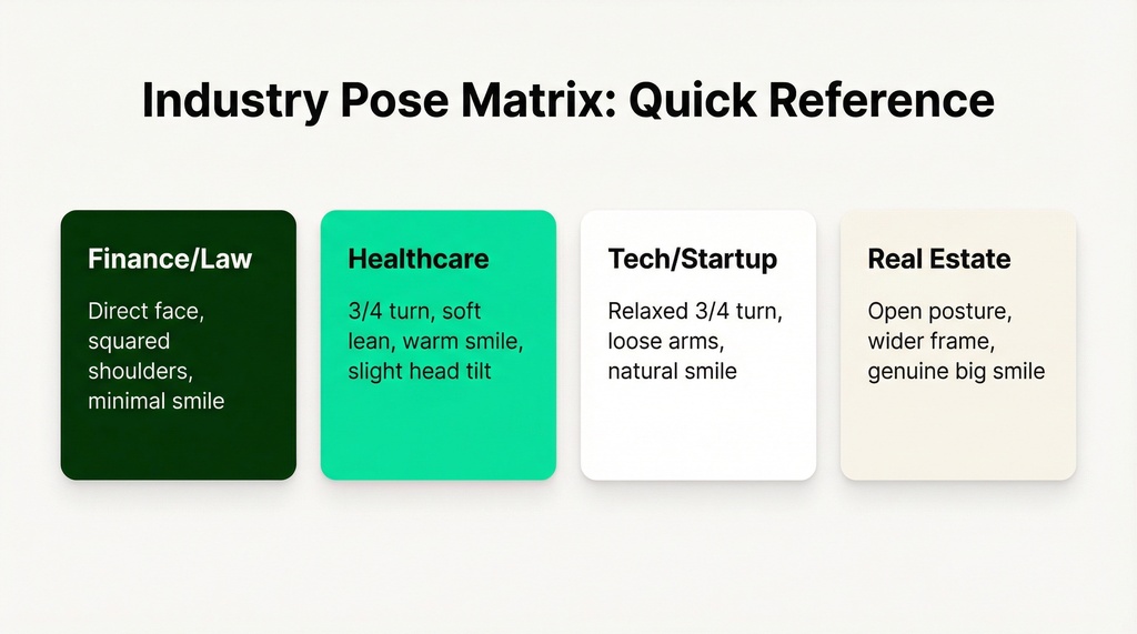 Comparison table showing optimal body positioning and facial expressions for professional headshots across four industries: Finance/Law, Healthcare, Tech/Startup, and Real Estate