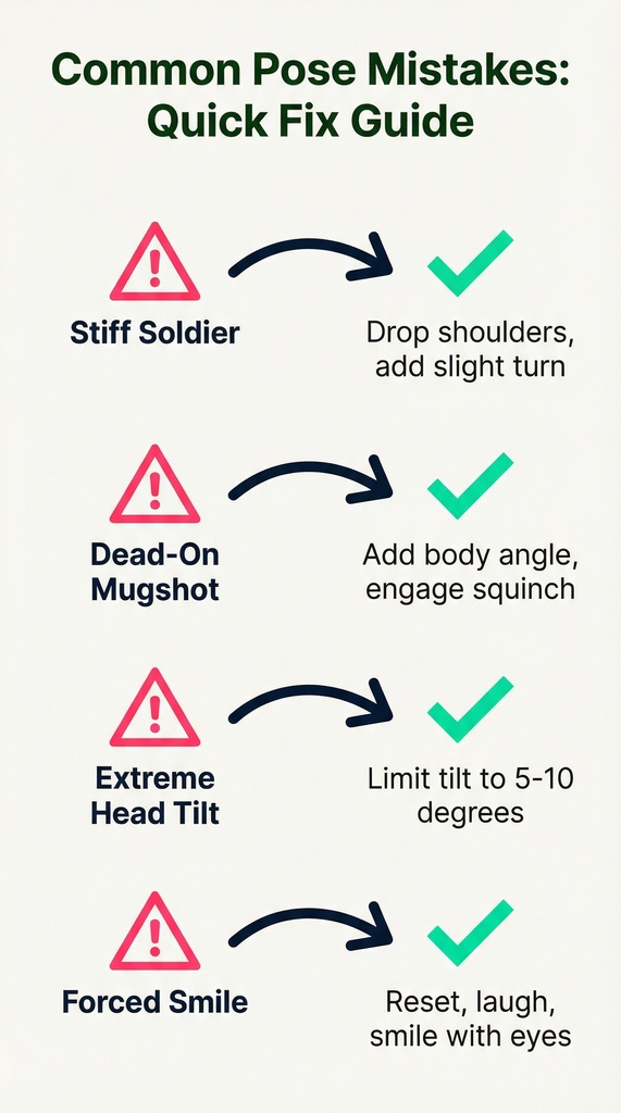 Vertical infographic showing 4 common headshot pose mistakes with corresponding quick fixes: Stiff Soldier, Dead-On Mugshot, Extreme Head Tilt, and Forced Smile