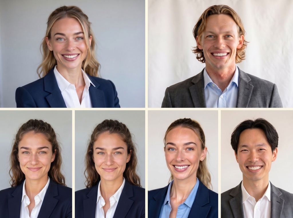 A 2x3 grid of six professional ERAS-compliant headshots showing diverse medical students wearing navy or charcoal blazers over light collared shirts, all with centered faces, natural expressions, and clean neutral backgrounds — illustrating the consensus professional standard.