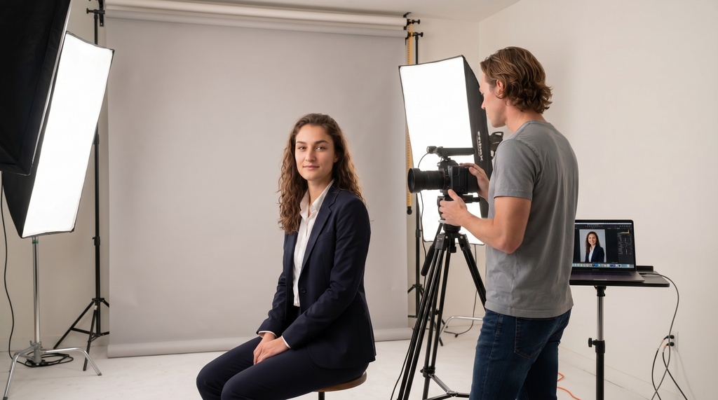 Professional photography studio with softbox lighting and seamless neutral backdrop, showing a photographer capturing a headshot of a medical student in a navy blazer, with a monitor displaying the live preview