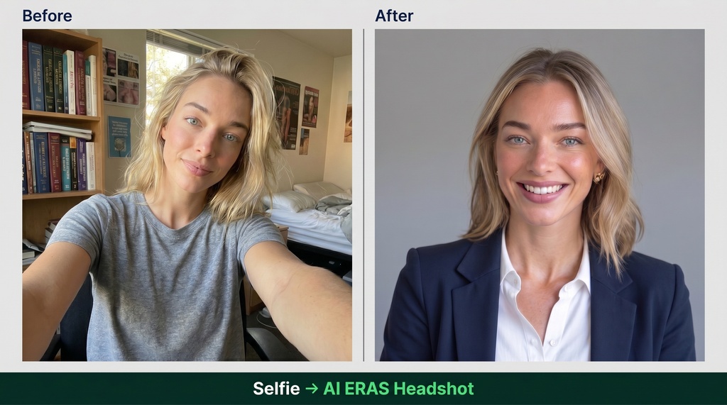 Before and after comparison showing a medical student's casual selfie on the left transformed into a polished AI-generated ERAS-compliant headshot on the right, with the same face clearly recognizable in both images
