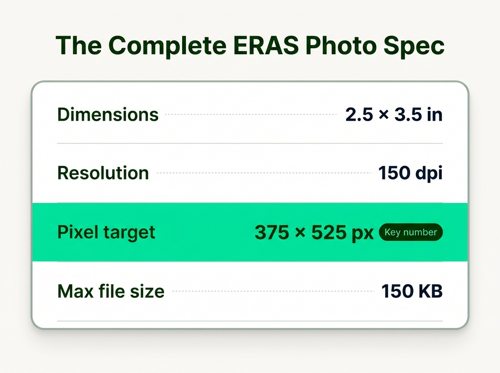 Infographic card listing four ERAS photo technical requirements: Dimensions (2.5 x 3.5 in), Resolution (150 dpi), Pixel target (375 x 525 px, highlighted as the key figure), and Max file size (150 KB).