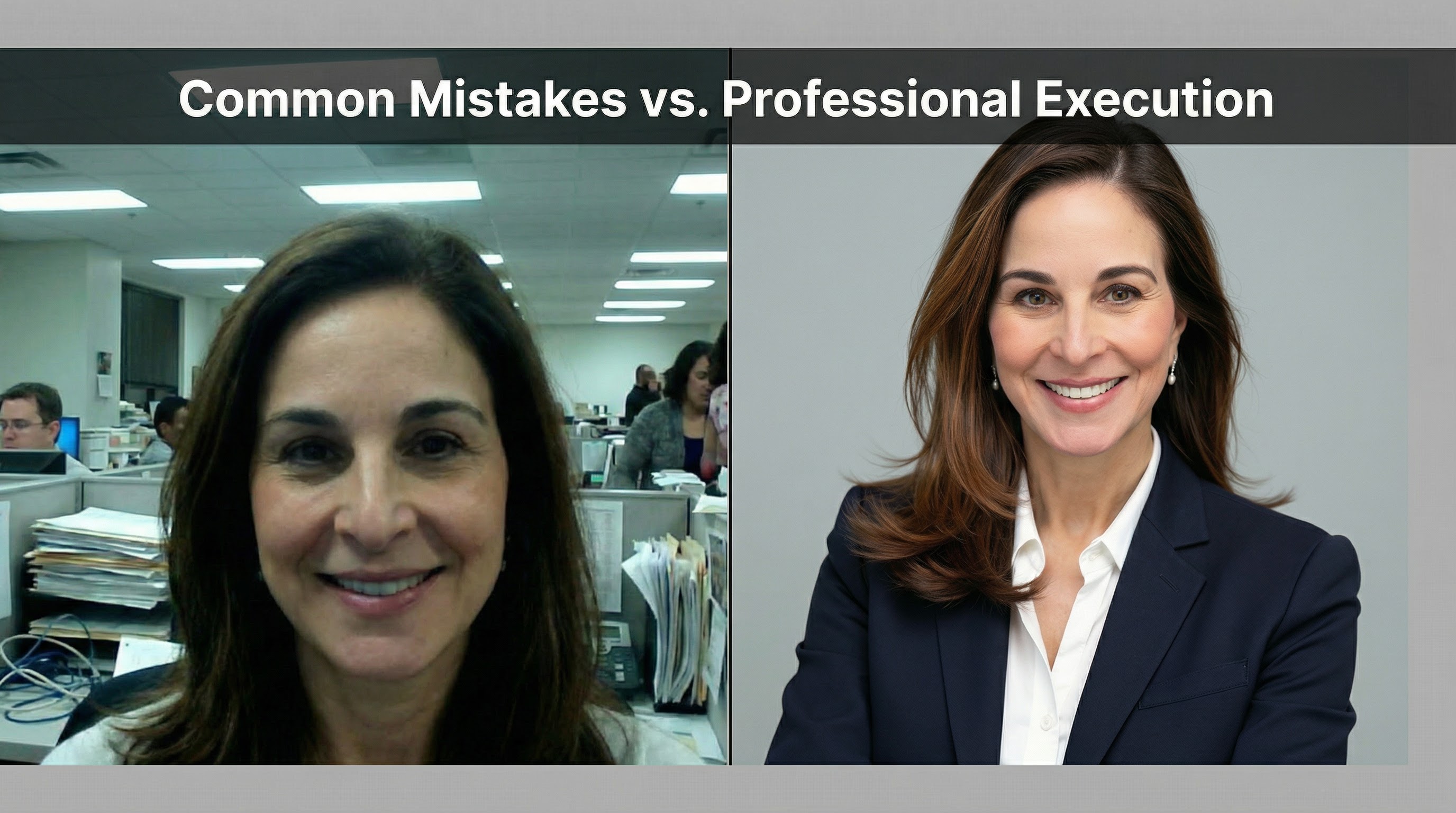 Side-by-side comparison showing a pixelated, poorly lit headshot on the left versus a crisp, professionally lit headshot on the right