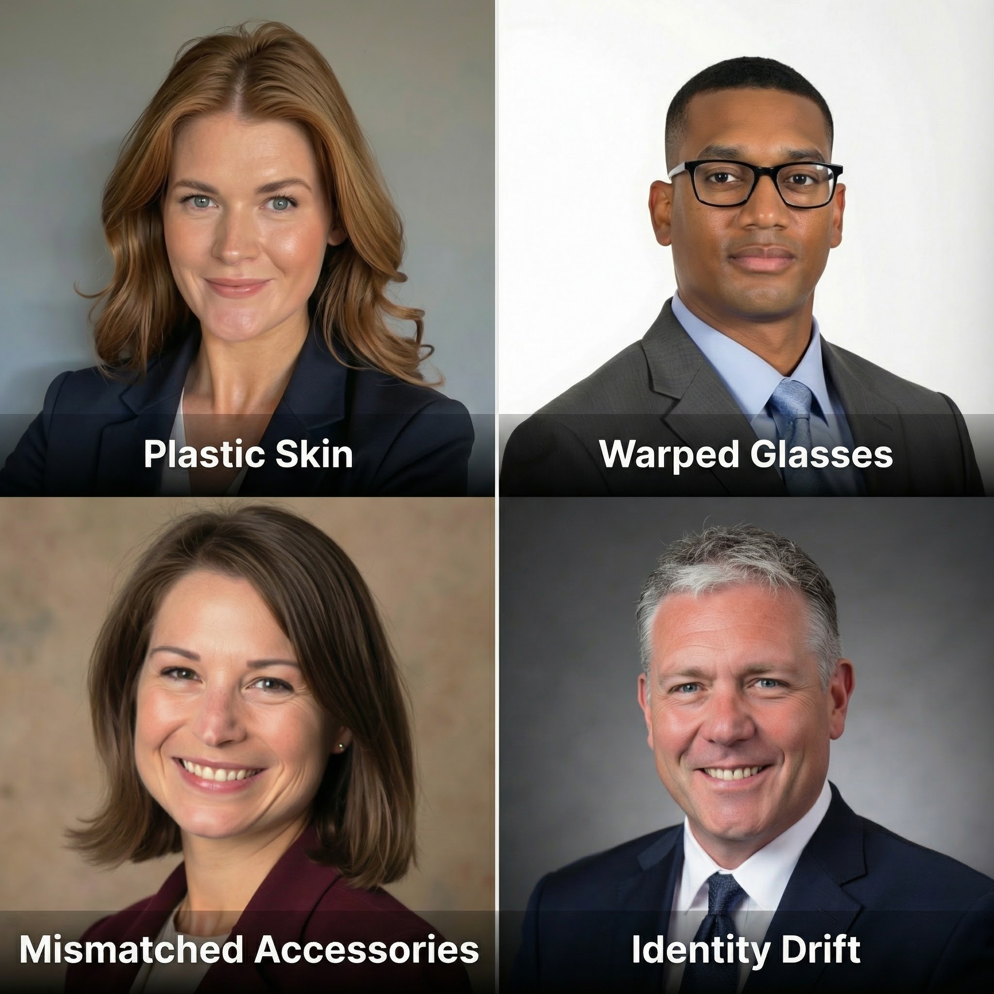 2x2 grid of headshot examples showing AI-generated problems: overly smooth plastic-looking skin, glasses with distorted frames and unnatural glare, mismatched earrings, and an over-idealized face that lacks authentic features