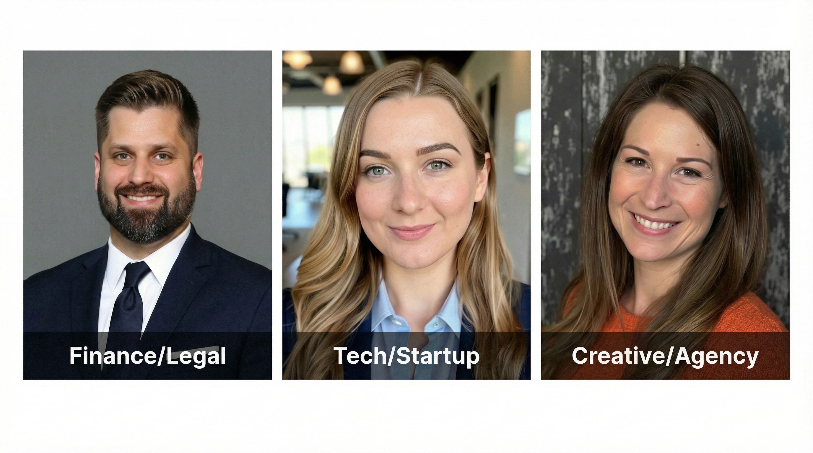 Three professional headshots showing appropriate styles for finance, tech, and creative industries