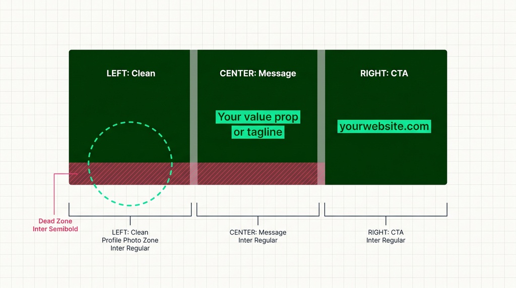 Diagram showing a horizontal LinkedIn banner divided into three labeled zones: left zone kept clean with a profile photo circle placeholder, center zone featuring a primary tagline message, and right zone showing a call-to-action URL or contact line, with the bottom-left dead zone subtly marked.