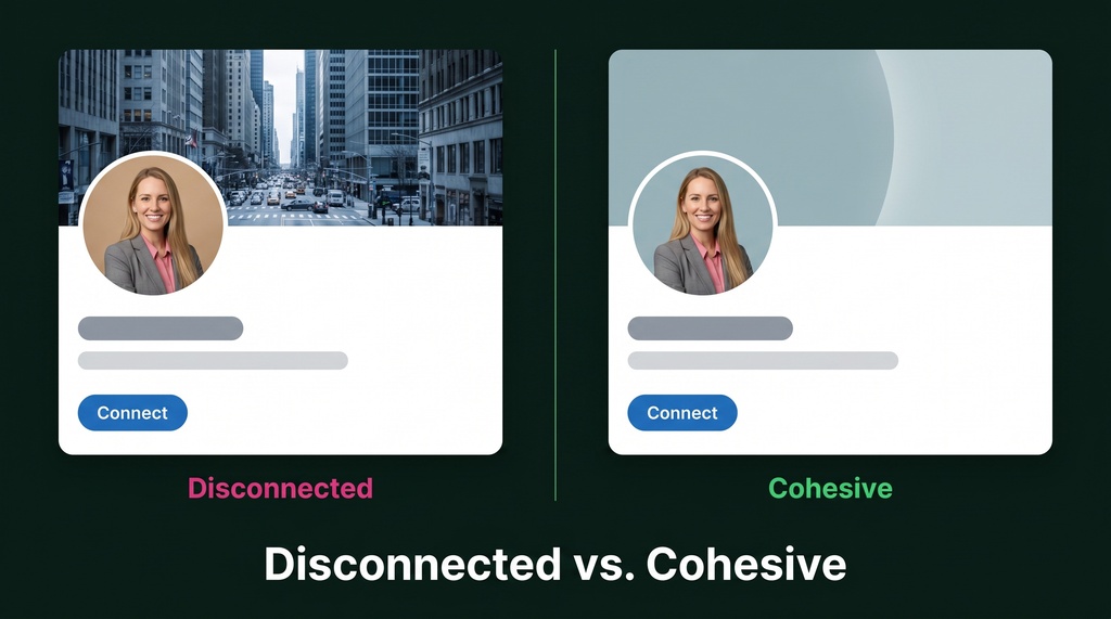 Side-by-side comparison of two LinkedIn profile previews: the left shows a clashing random skyline banner with a headshot on a mismatched background, while the right shows a banner whose dominant color matches the headshot background for a unified, professional look.