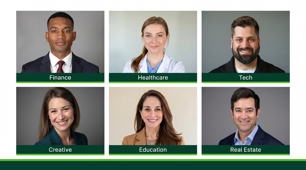 Grid of six professional headshots showing industry-appropriate wardrobe styles across finance, healthcare, tech, creative, education, and real estate