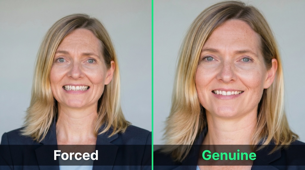 Side-by-side professional headshots of the same person: left shows a stiff, wide-eyed forced smile conveying anxiety; right shows a relaxed, genuine Duchenne smile with soft eye squint conveying confidence