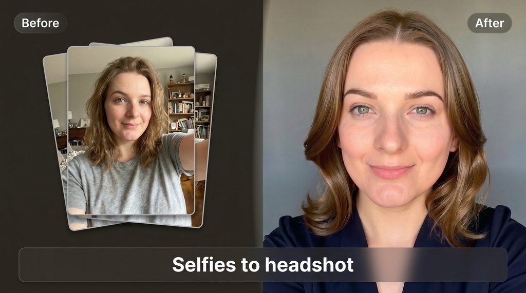 Before and after showing casual phone selfies on the left transforming into a polished, professional headshot on the right, with the person's facial features preserved accurately