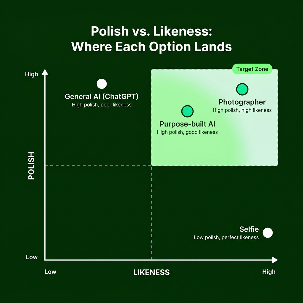 2x2 quadrant chart with Polish on the vertical axis (Low to High) and Likeness on the horizontal axis (Low to High). Four photo options are plotted: Photographer in the top-right (high polish, high likeness), Purpose-built AI slightly left of center-right in the top half (high polish, good likeness), General AI in the top-left (high polish, poor likeness), and Selfie in the bottom-right (low polish, perfect likeness). The top-right quadrant is highlighted as the ideal target zone.