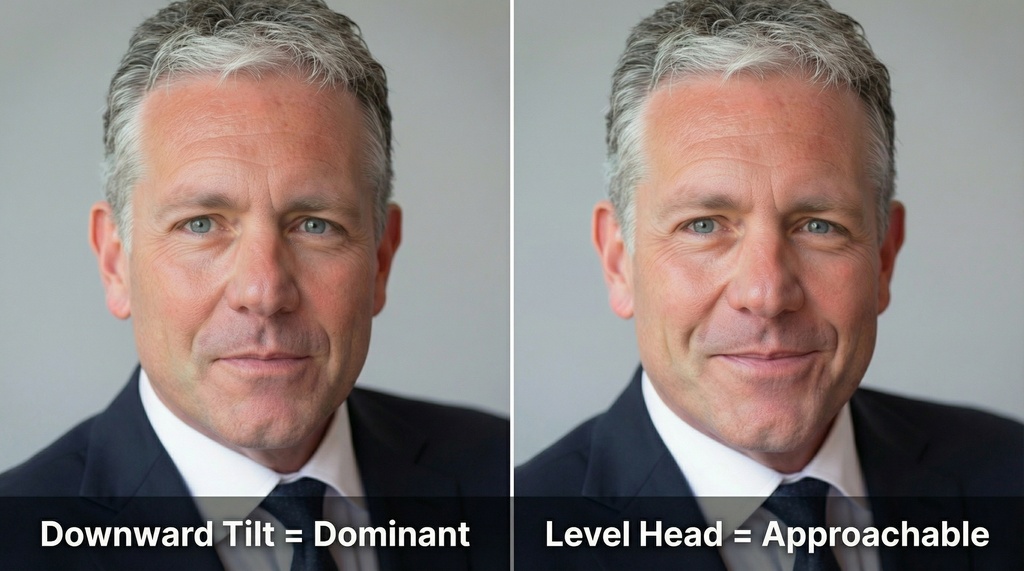 Side-by-side headshots of the same professional man showing downward head tilt creating dominant impression versus level head position appearing more approachable