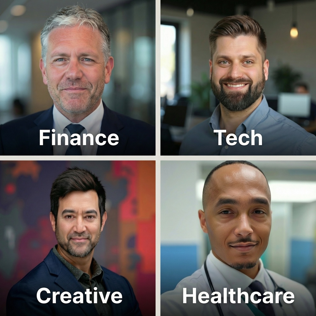 A 2x2 grid showing four male professionals demonstrating different headshot poses appropriate for finance, tech, creative, and healthcare industries