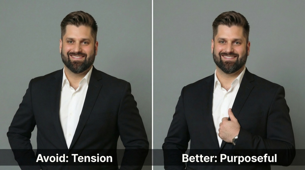 Side-by-side comparison showing incorrect tense hand positioning versus correct relaxed hand placement in professional headshots