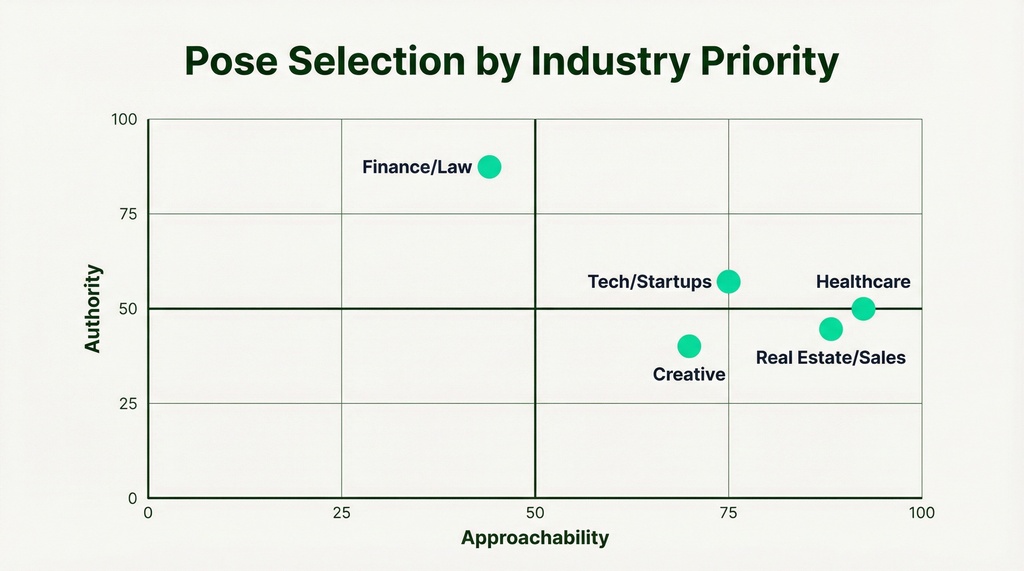 Quadrant chart plotting five industries on Authority vs. Approachability axes, with Finance/Law highest in authority (85) and Healthcare highest in approachability (90)