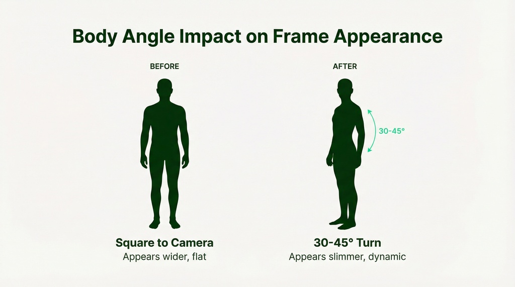 Before and after silhouette comparison showing how body angle affects appearance in photos. Left silhouette faces camera directly appearing wider, right silhouette is angled 30-45 degrees appearing slimmer.