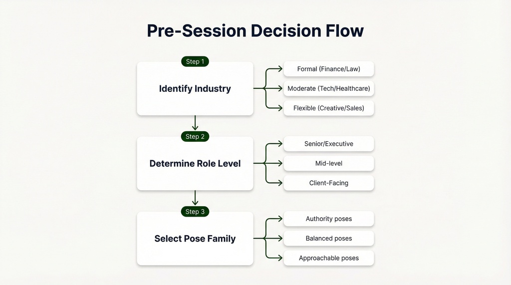 Decision flowchart showing three sequential steps for pre-session headshot planning: identifying industry, determining role level, and selecting pose family, each with three branching options