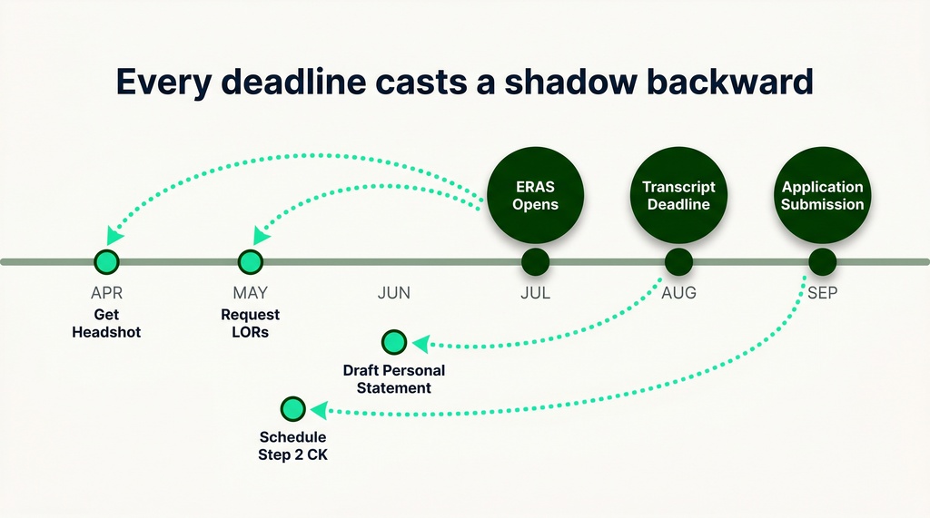 Illustrated horizontal timeline flowing left to right from spring to September, showing official ERAS application dates as solid anchor points on the right with dotted arrows extending backward to earlier personal preparation deadlines for photo, letters of recommendation, personal statement, and Step 2 CK.