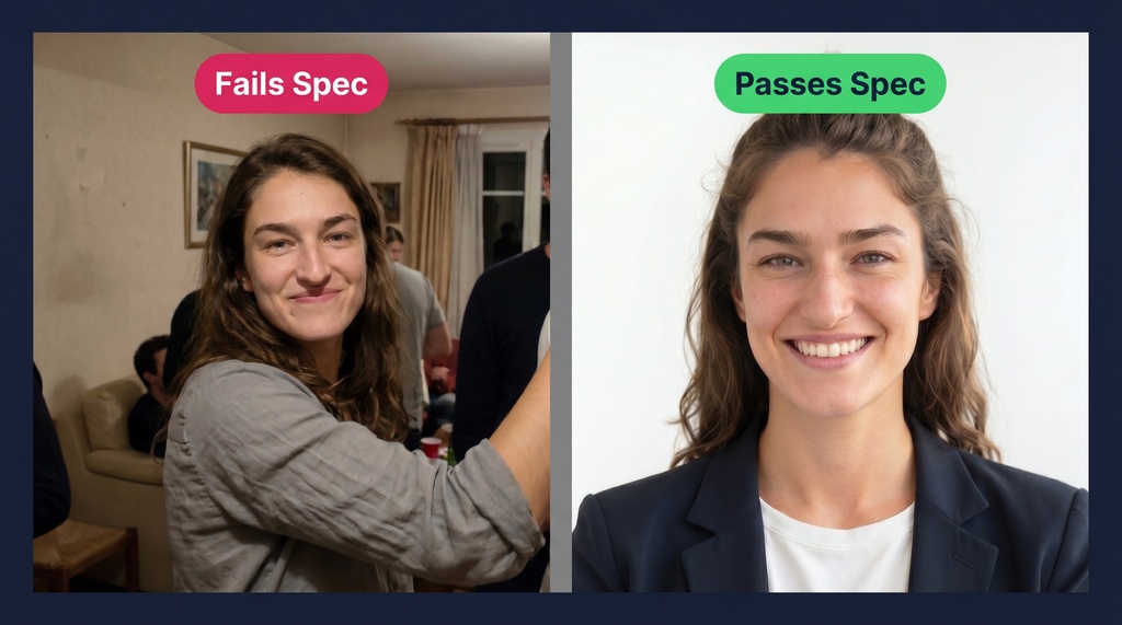 Side-by-side comparison of two headshots: left shows a non-compliant ERAS photo with a cluttered background and poor framing labeled 'Fails Spec', right shows a compliant professional headshot with a clean off-white background and proper framing labeled 'Passes Spec'.