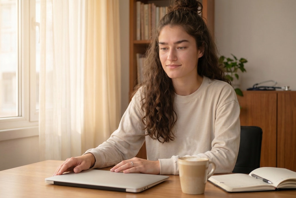 A calm medical student closing their laptop with a satisfied smile at a sunlit home desk, with a coffee cup nearby and soft morning light streaming in