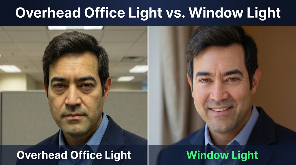 Side-by-side comparison of the same professional photographed under harsh overhead office lighting (left) showing yellow skin tones and under-eye shadows, versus soft 45-degree window light (right) showing catchlights and natural skin tones.