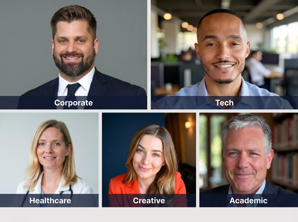 A 2x3 grid of six professional headshots representing corporate finance, tech startup, healthcare, legal, creative, and academic industries, each with industry-appropriate styling and backgrounds.