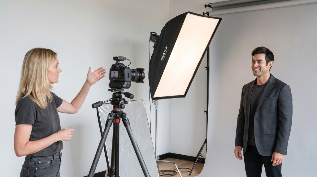 A professional photography studio set up for headshots with softbox lighting and a gray backdrop, showing a photographer directing a relaxed subject in front of the camera