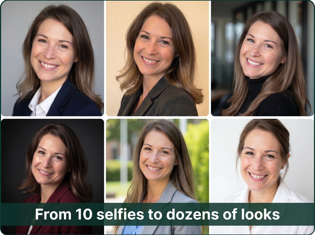 A grid of 6 AI-generated professional headshots of the same person shown in varied outfits, poses, and clean studio backgrounds, demonstrating the variety AI headshot tools can produce