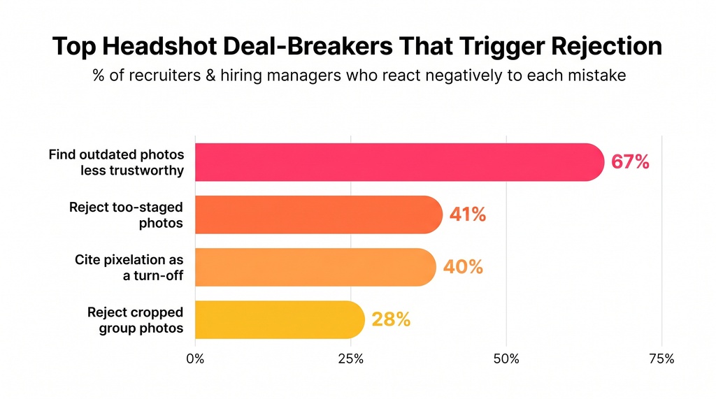 Horizontal bar chart showing the percentage of recruiters and hiring managers who react negatively to common headshot mistakes. Outdated photos are flagged by 67%, too-staged photos by 41%, pixelation by 40%, and cropped group photos by 28%.
