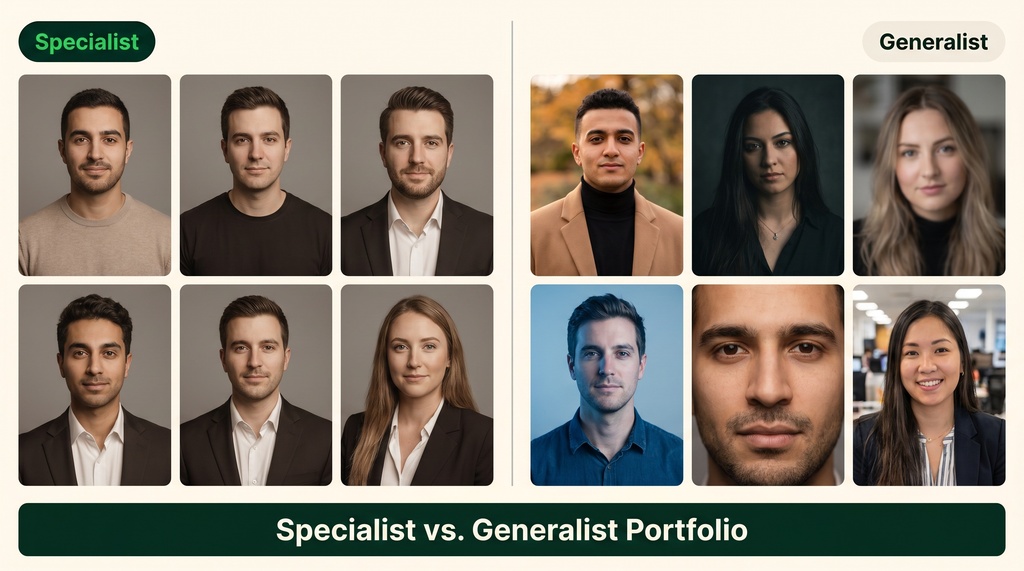 Side-by-side comparison of two headshot photographer portfolios: the left shows a specialist's consistent grid with matching lighting, tone, and backgrounds; the right shows a generalist's mismatched grid with varying styles, color hues, and backgrounds.