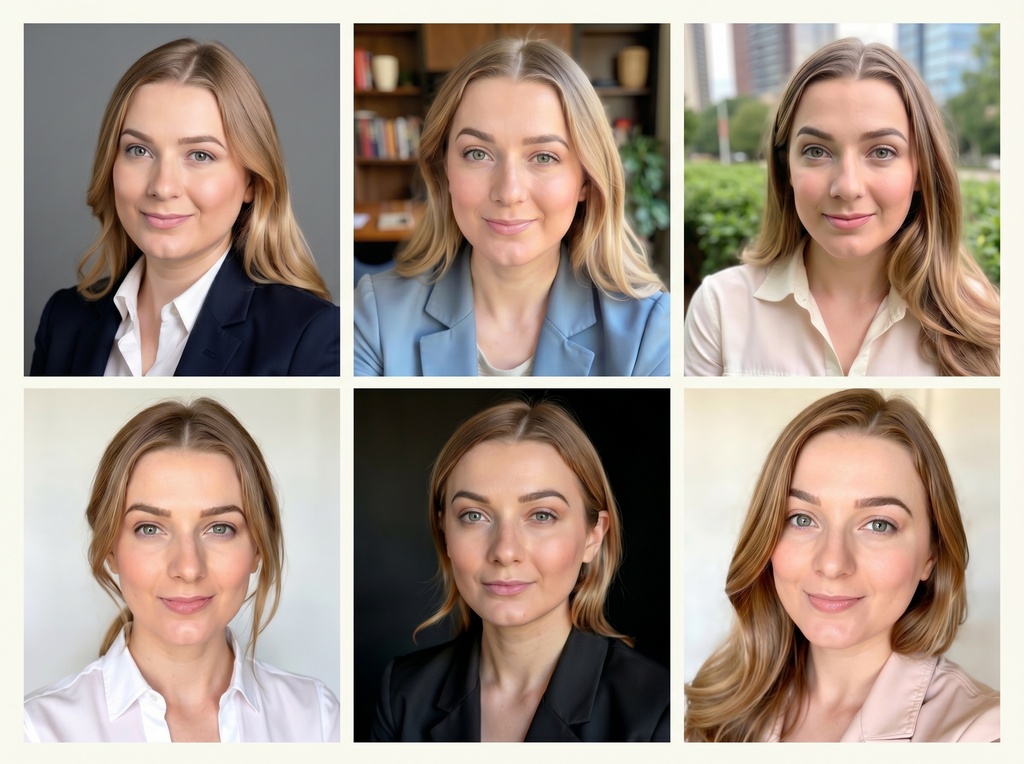 Grid of six AI-generated professional headshots of the same person shown in different outfits and backgrounds, including business formal, business casual, outdoor lifestyle, studio classic, dark background, and light background styles