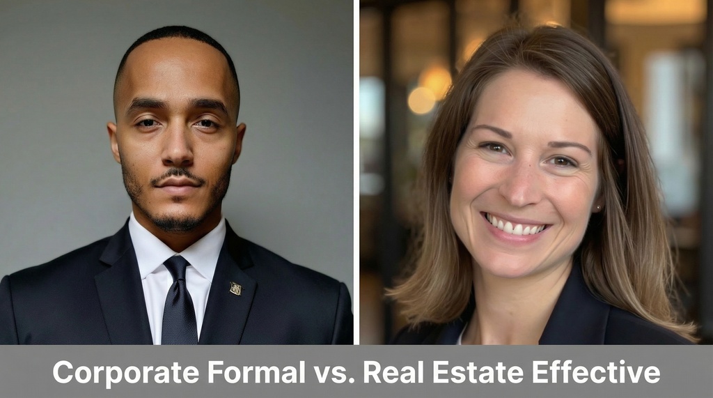 Side-by-side comparison of two professional headshots: left shows a stiff corporate style with dark suit and serious expression, right shows an approachable real estate style with warm smile and natural lighting