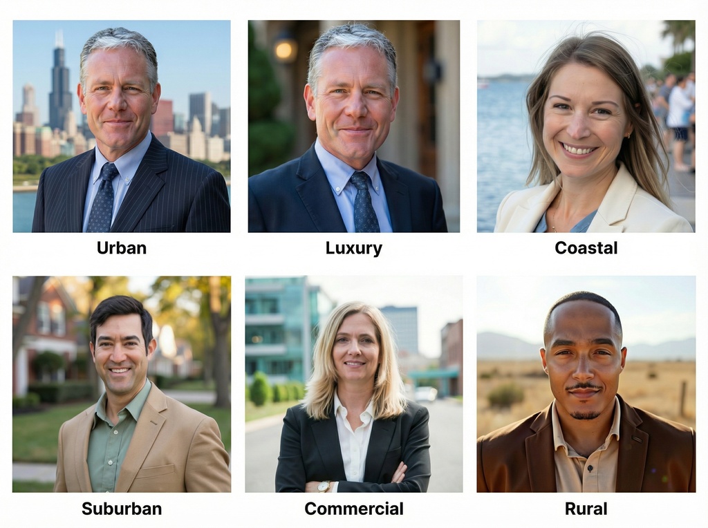 Grid of six professional real estate agent headshots, each with different blurred backgrounds representing urban skyline, luxury architecture, coastal setting, suburban neighborhood, commercial buildings, and rural ranch property