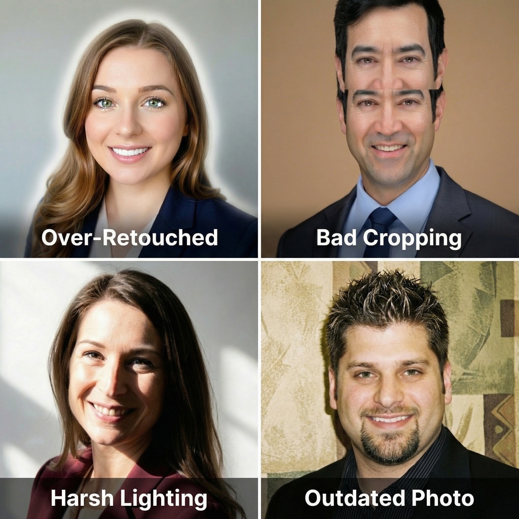 2x2 grid showing four common real estate headshot mistakes: over-retouched photo with plastic appearance, poor cropping cutting off the top of head, harsh shadows from bad lighting, and an outdated photo with mismatched appearance