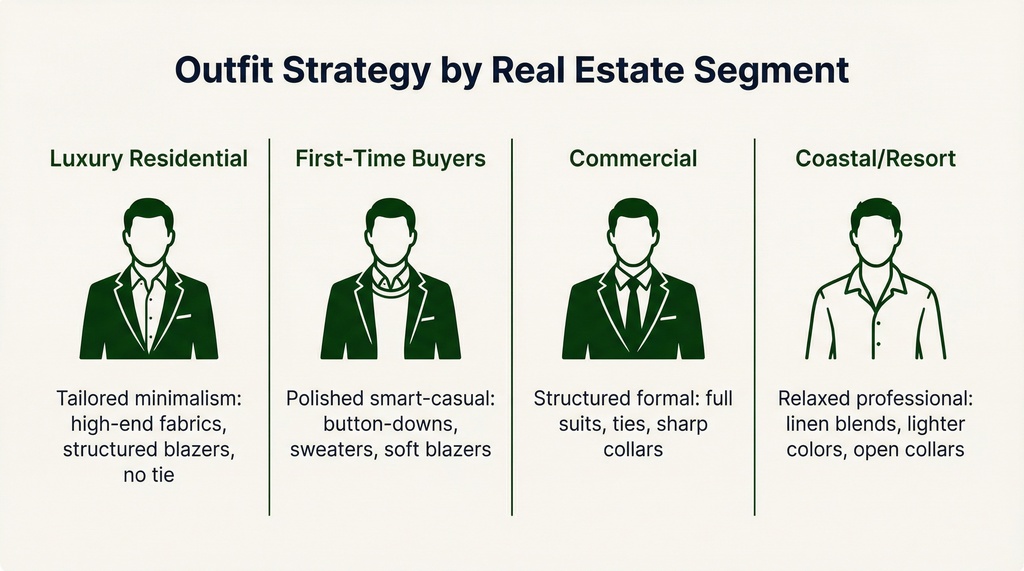 Horizontal infographic showing four real estate market segments with recommended professional attire for each: Luxury Residential, First-Time Buyers, Commercial, and Coastal/Resort properties