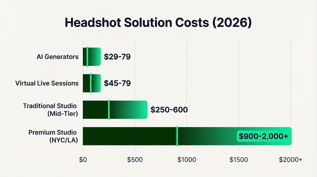 Horizontal bar chart comparing costs of four headshot solution types in 2026, ranging from $29-79 for AI generators to $900-2,000+ for premium studios