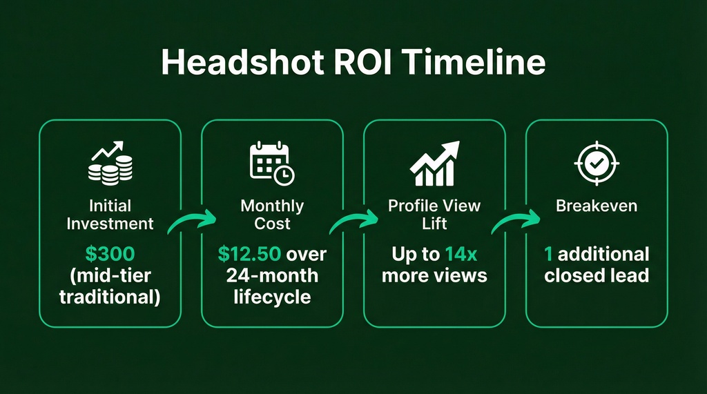 Process flow timeline showing headshot investment of $300 leading to 14x more profile views and breakeven at 1 additional closed lead over 24 months