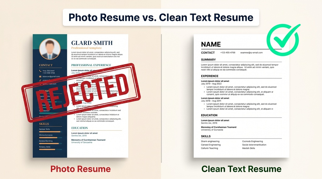 Side-by-side comparison showing a colorful photo resume with a red rejected stamp on the left and a clean text-only resume with a green checkmark on the right