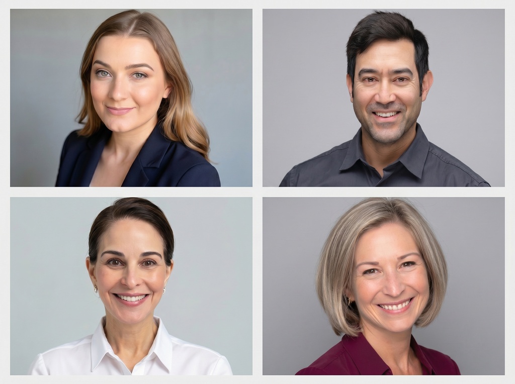 Grid of four correctly formatted professional resume headshots on light gray backgrounds, showing diverse subjects in business attire with natural expressions and consistent head-and-shoulders framing