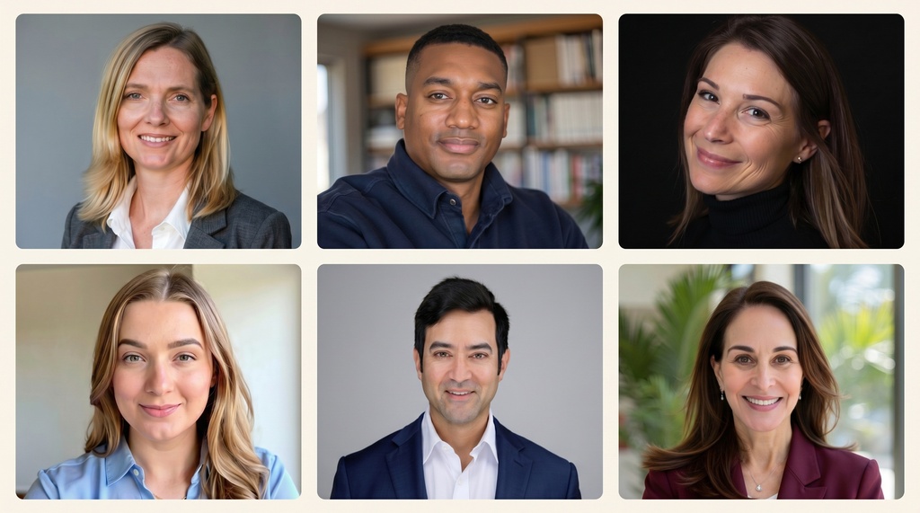 A 3x2 grid of AI-generated professional headshots showing diverse people in business formal, business casual, and creative styles with varied studio and neutral office backgrounds